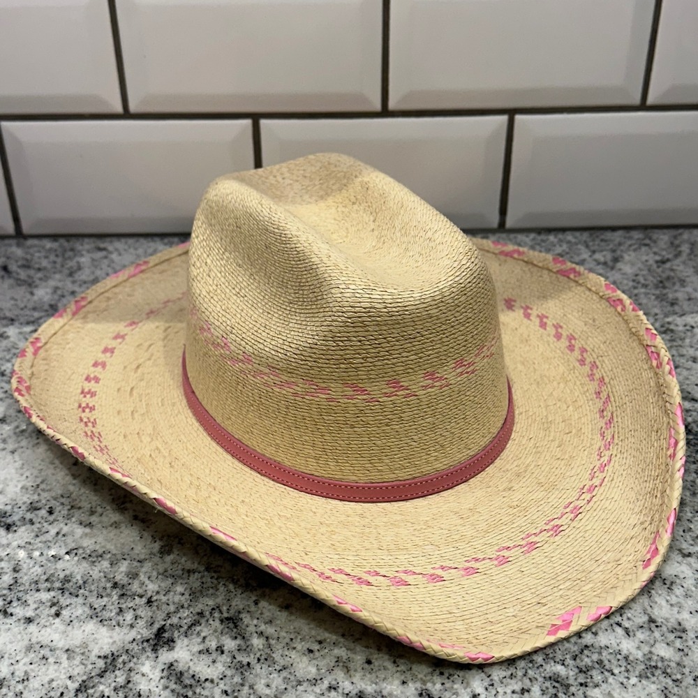 Atwood Kids XS/Small Cowboy Hat Tan Pink Whipstitch Straw Western Cowgirl Rodeo